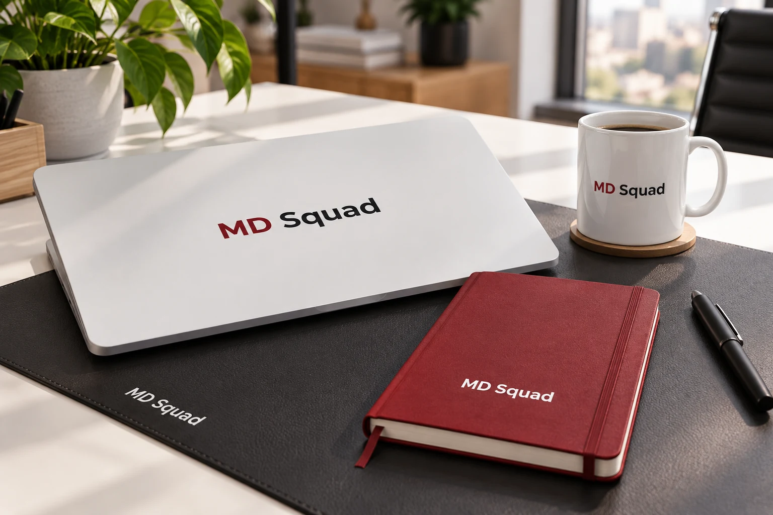 Mockup MD Squad aplicado em notebook, caderno e caneca